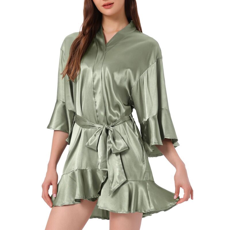 cheibear レディース アンダーウェア ナイトウェア サテン シルク cheibear Womensatin Pajama Silky 34 Sleeves Tie Waist Loungewe