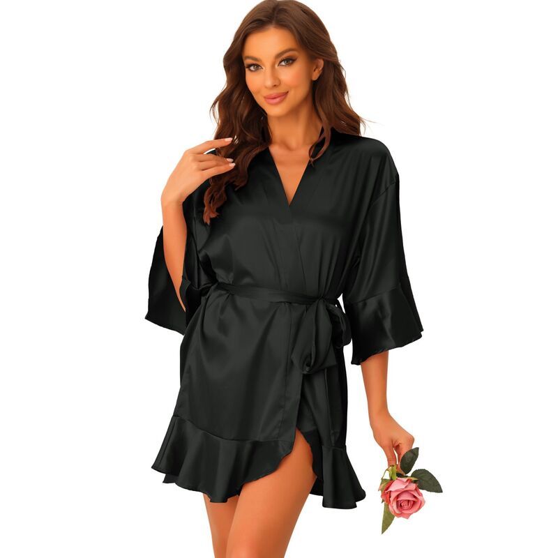 cheibear レディース アンダーウェア ナイトウェア サテン シルク cheibear Womensatin Pajama Silky 34 Sleeves Tie Waist Loungewe