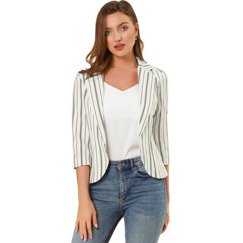 アレグラ ケー レディース アウター ジャケット・ブルゾン ブレザー ALLEGRA K Womenstriped 34 Sleeves Open Front Blazer White ホワイト