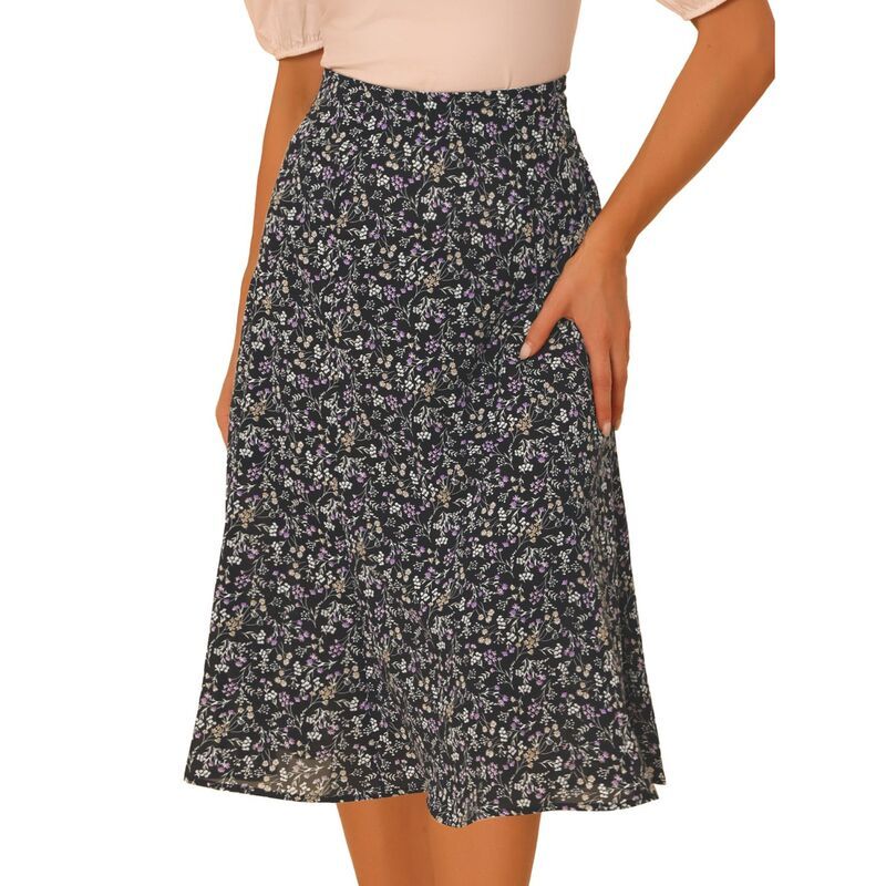 アレグラ ケー レディース ボトムスカート A ライン プリント ミディ ALLEGRA K Womens Peasant Elastic Waist ALine Leave Print Midi S