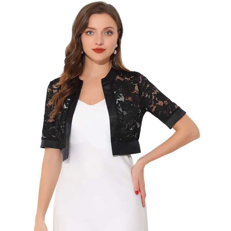 アレグラ ケー レディース アウター ジャケット・ブルゾン サテン カーディガン レース ALLEGRA K Lace Shrug Bolero for Womensatin Panel Open F