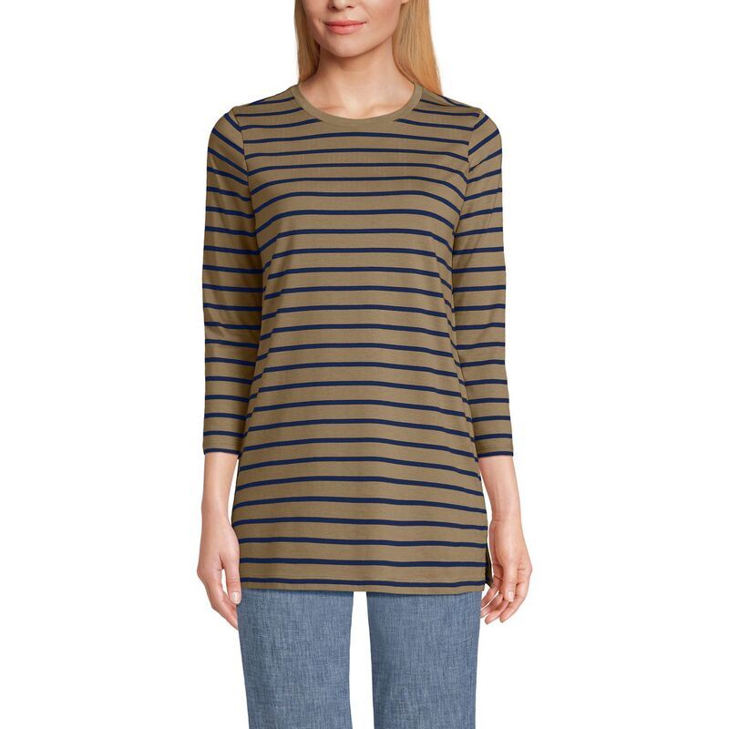 ランズエンド レディース トップス Tシャツ クルーネック コットン Womens Lands End Supima Cotton Crewneck Tunic Rye Breton Stripe ス