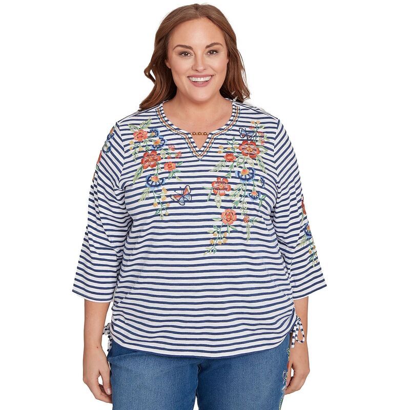 アルフレッド ダナー レディース トップス Tシャツ フラワー柄 プラスサイズ ギャザー フラワー Plusize Alfredunner Floral Stripe Ruched Sides Top