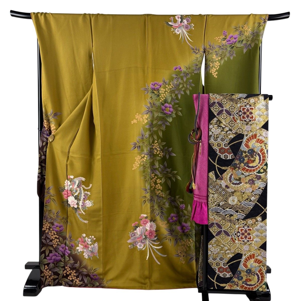振袖 身丈170cm 裄丈69cm L 袷 袋帯フルセット 鳳凰 草花 金彩 ぼかし 茶緑色 正絹 秀品 【中古】