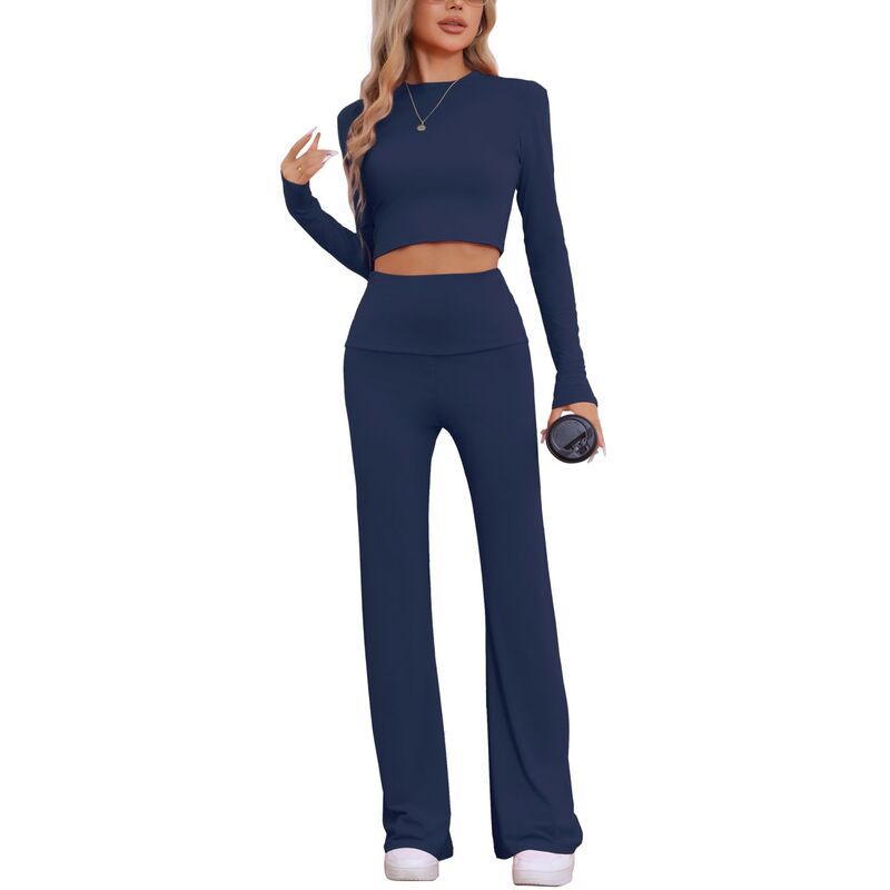 cheibear レディース アンダーウェア ナイトウェア パンツ cheibear Womens Lounge Sets Long Sleeve Crop Top Foldover Flare Pa