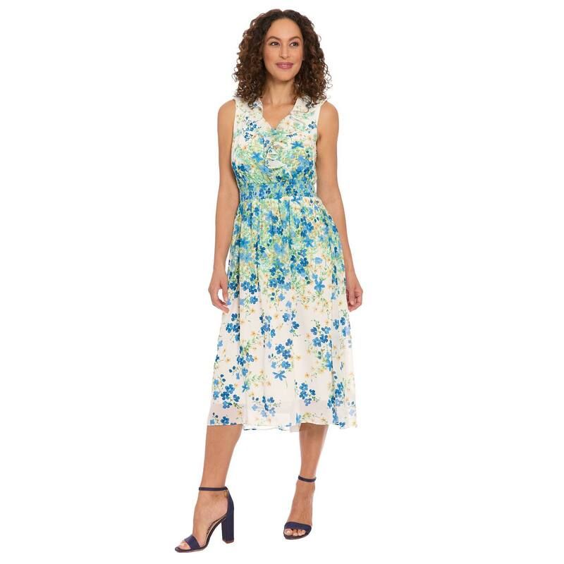 ロンドンタイムス レディース トップス ワンピース Vネック ミディ シャーリング Womens London Times VNeck Smocked Waist Midi Dress White B