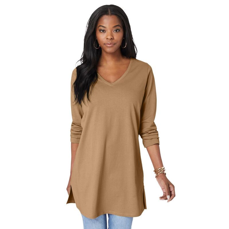 ロアマンズ レディース トップス Tシャツ Vネック プラスサイズ 長袖 Roamans Womens Plusize LongSleeve VNeck Ultimate Tunic Soft Cam