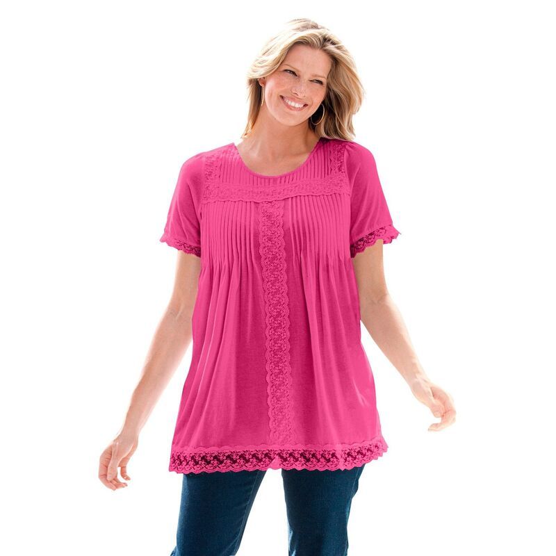 ウーマン ウィズイン レディース トップス Tシャツ プラスサイズ レース Woman Within Womens Plusize LaceTrim Pintucked Tunic Raspberry