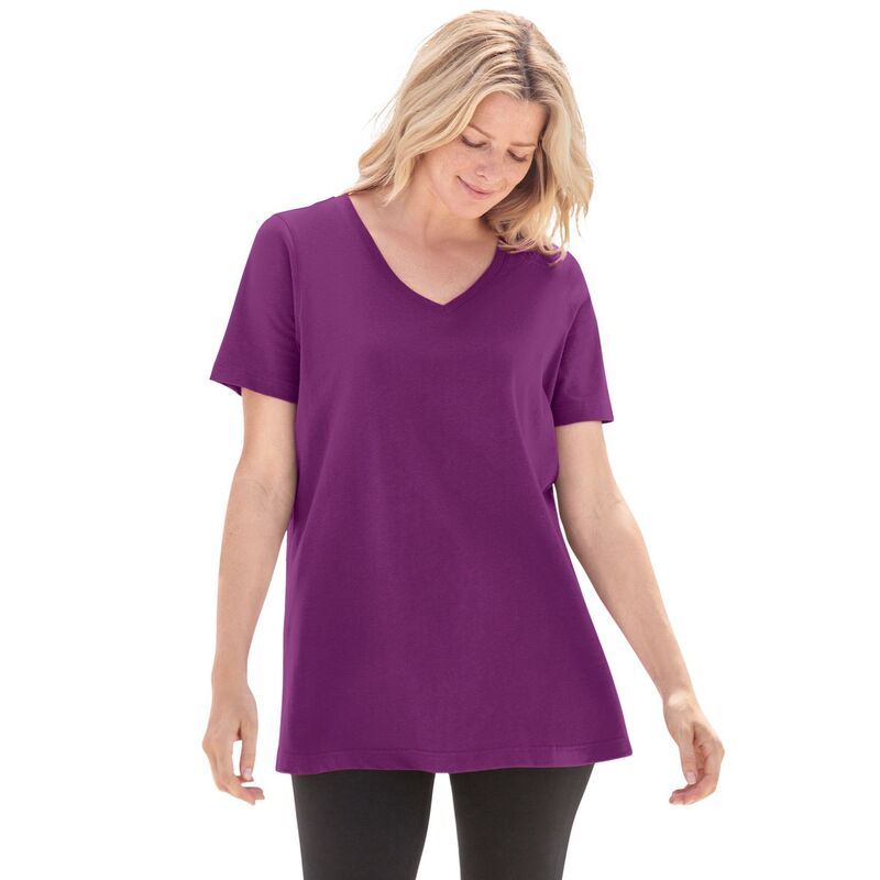 ウーマン ウィズイン レディース トップス Tシャツ Vネック プラスサイズ 半袖 Woman Within Plusize Perfect ShortSleeve VNeck Tee Plum Pu