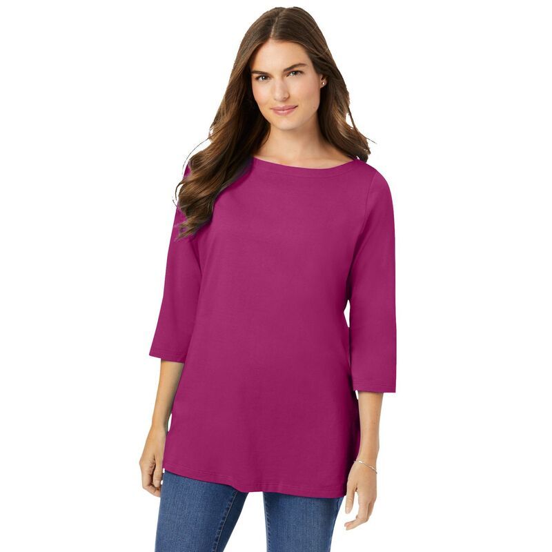 ウーマン ウィズイン レディース トップス Tシャツ プラスサイズ Woman Within Plusize PerfecthreeQuarter Sleeve Boatneck Tee Raspbe