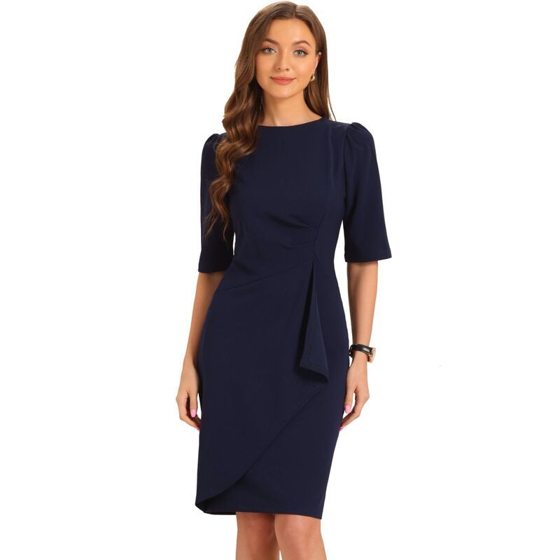 アレグラ ケー レディース トップス ワンピース ギャザー ALLEGRA K Ruchedress for Womenshort Sleeve Business Work Dress Navy ネイ
