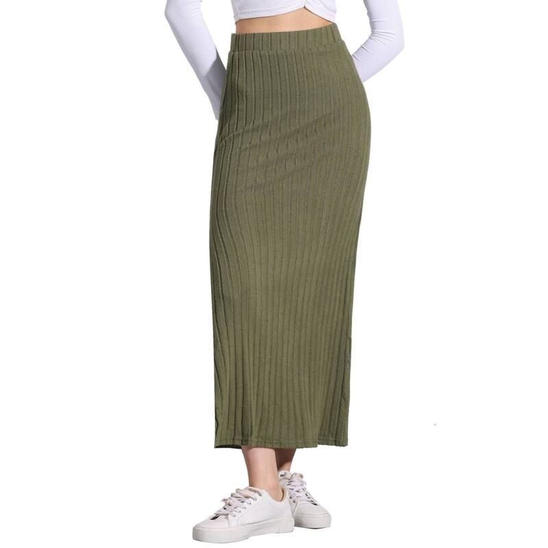 アレグラ ケー レディース ボトムスカート ミディ ニット ALLEGRA Knit Midi Skirt for Womenslit Bodycon Hight Waist Skirts Army