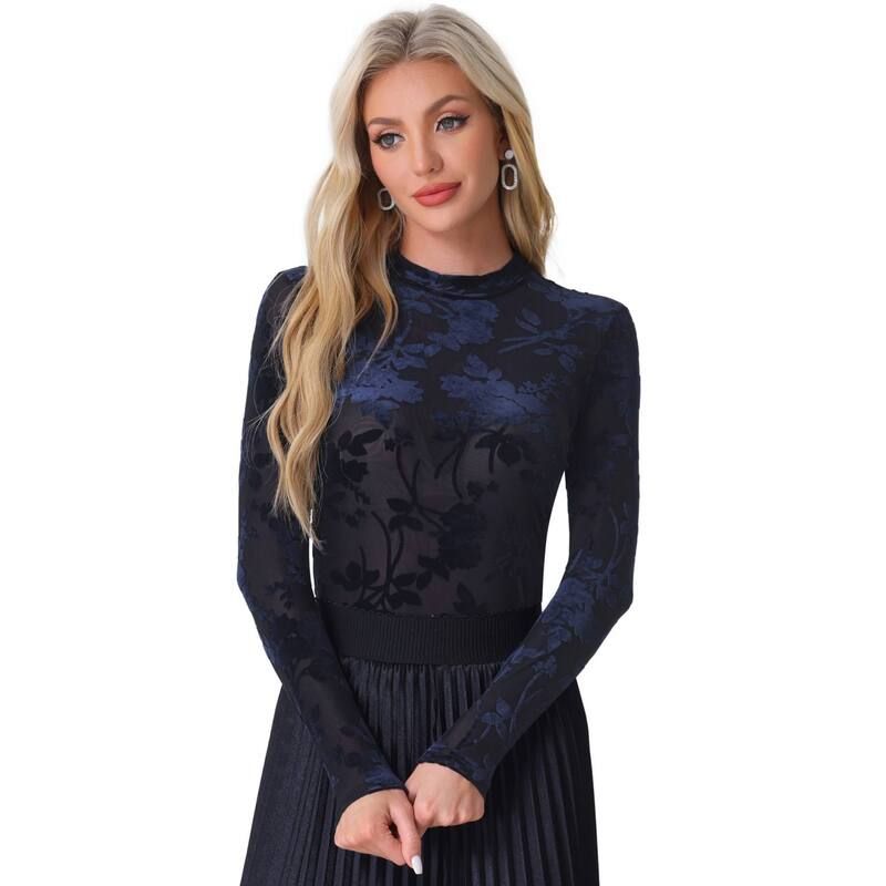 アレグラ ケー レディース トップス Tシャツ モックネック フラワー柄 プリント メッシュ ベルベット フラワー ALLEGRA K See Through Mesh Top for Womens
