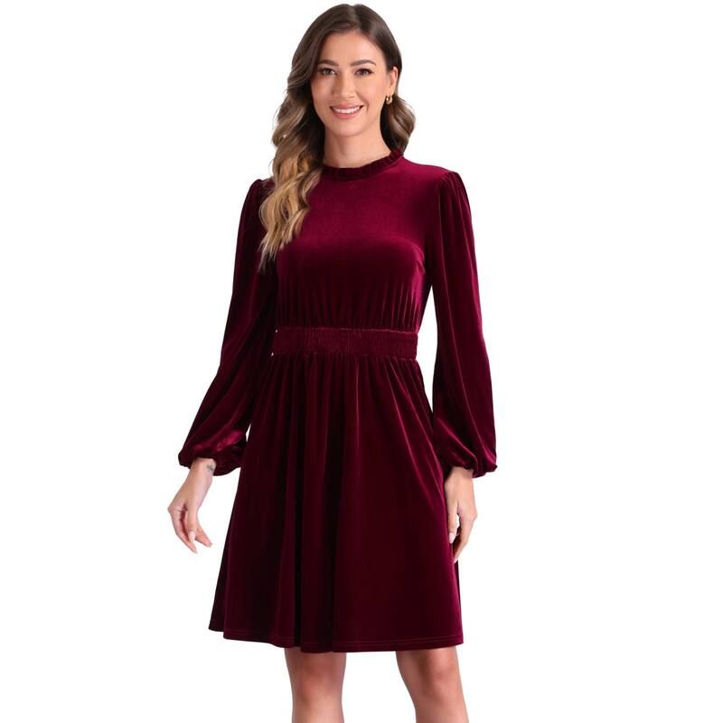 アレグラ ケー レディース トップス ワンピース ベルベット シャーリング ALLEGRA K Velvet Dresses for Womensmocked Waistline Long Sleev