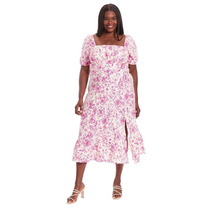 ロンドンタイムス レディース トップス ワンピース フラワー柄 プラスサイズ ミディ エンパイア フラワー Plusize London Times Floral Square Neck Puff S