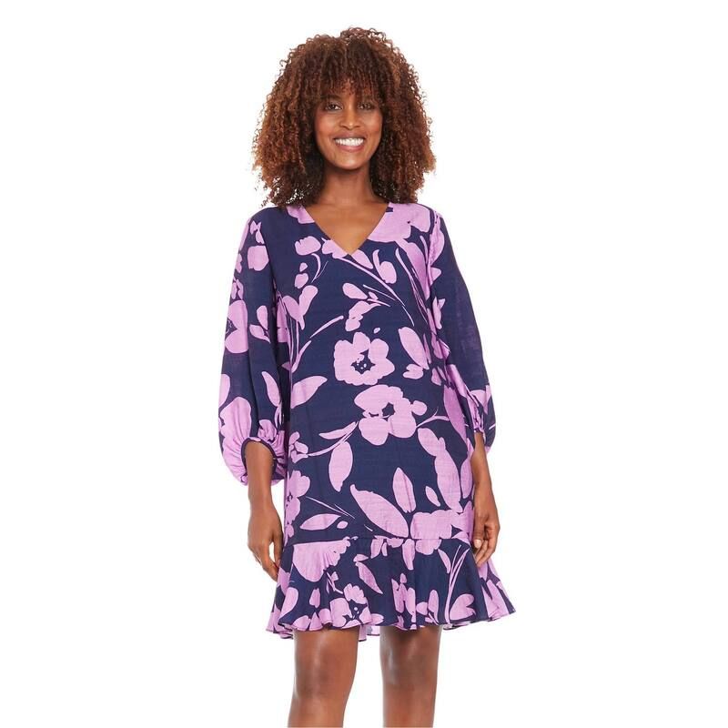 ロンドンタイムス レディース トップス ワンピース Vネック Womens London Times VNeck Bishop Sleeve Flounce Hem Shift Dress Navy