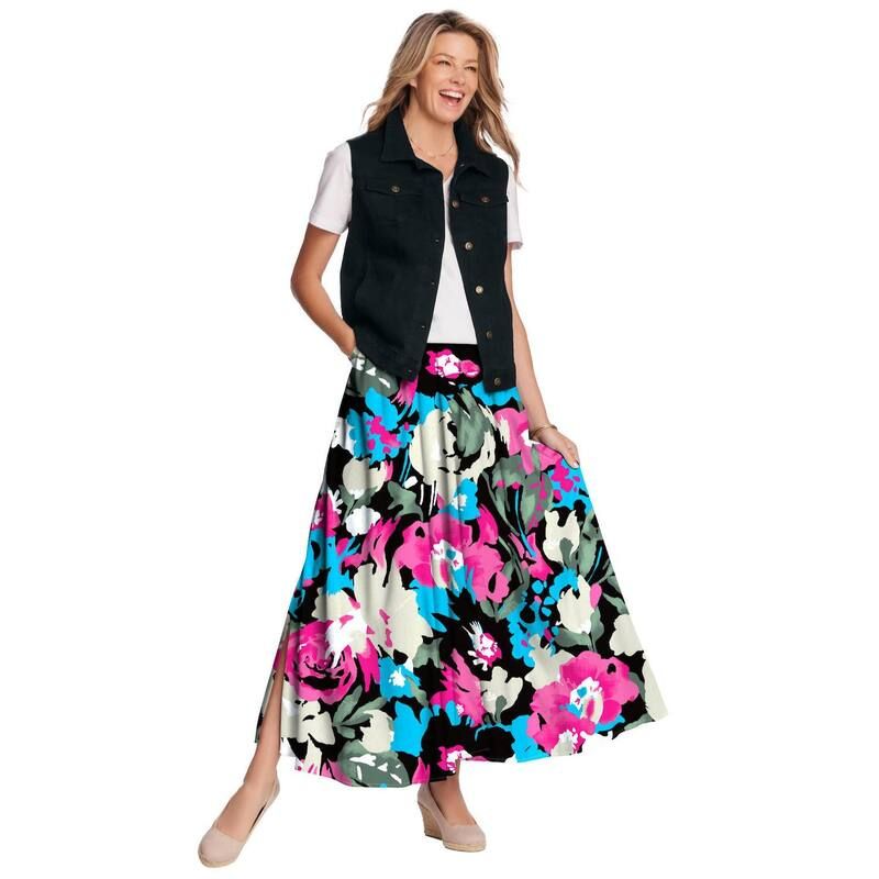ウーマン ウィズイン レディース ボトムスカート プラスサイズ マキシ Woman Within Plusize PullOn Elastic Waist Soft Maxi Skirt Black