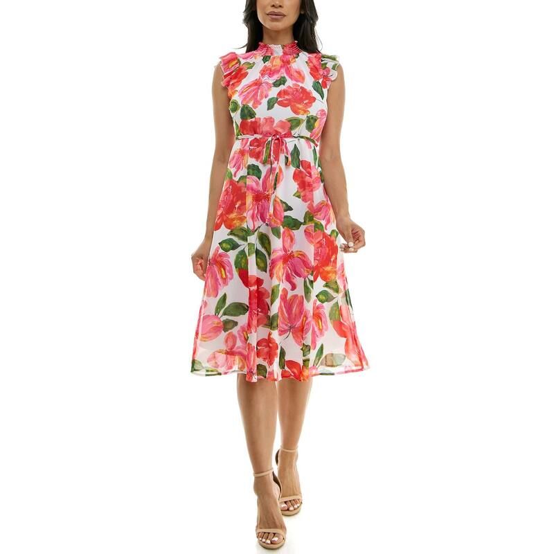 ニナレオナルド レディース トップス ワンピース プリント シャーリング Womens Nina Leonard Smocked Flutter Sleeve Print Dress Dragon F