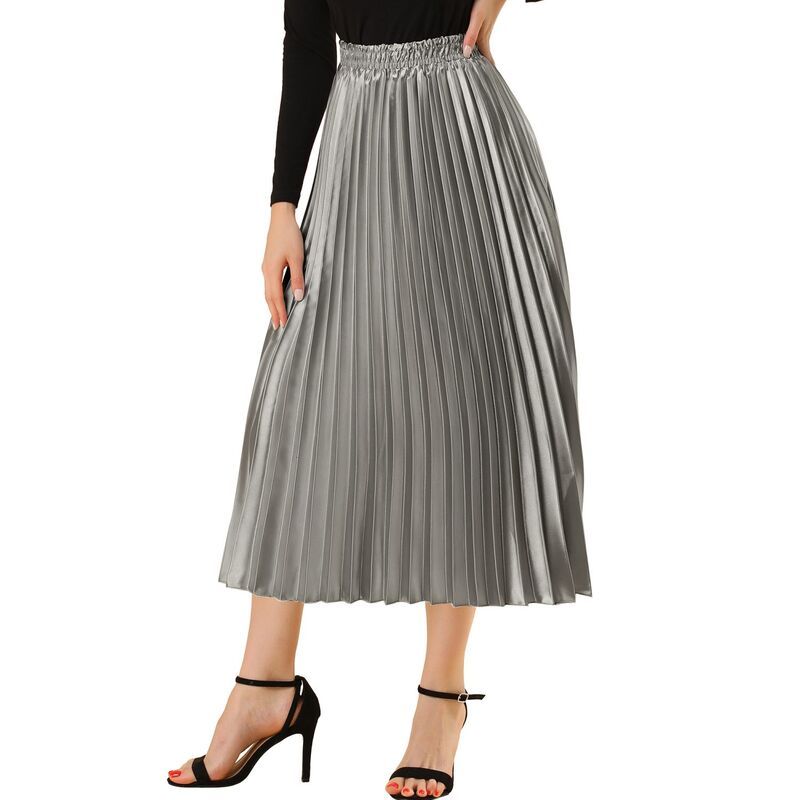 アレグラ ケー レディース ボトムスカート プリーツ ミディ トール ALLEGRA K Womens Elastic Waist Metallic Shiny Accordion Pleated M