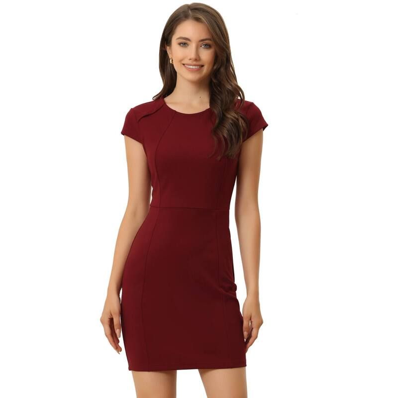 アレグラ ケー レディース トップス ワンピース キャップ ALLEGRA K Womensolid Cap Sleeve Work Bodycon Dresses Wine Red レッド