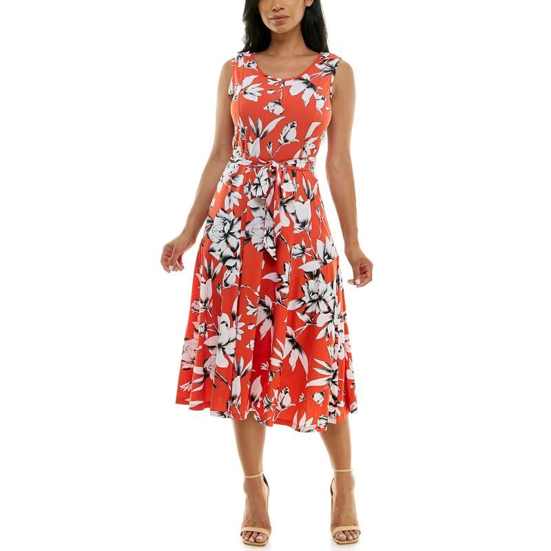 ニナレオナルド レディース トップス ワンピース プリント ミディ ノースリーブ Womens Nina Leonard Belted Sleeveless Print Midi Dress Brig