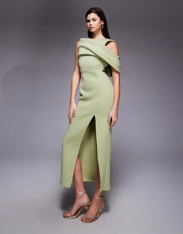 エイソス レディース トップス ワンピース カットアウト ドレープ スキューバ ASOS DESIGN drape cut out shoulder pencil dress in sage gree