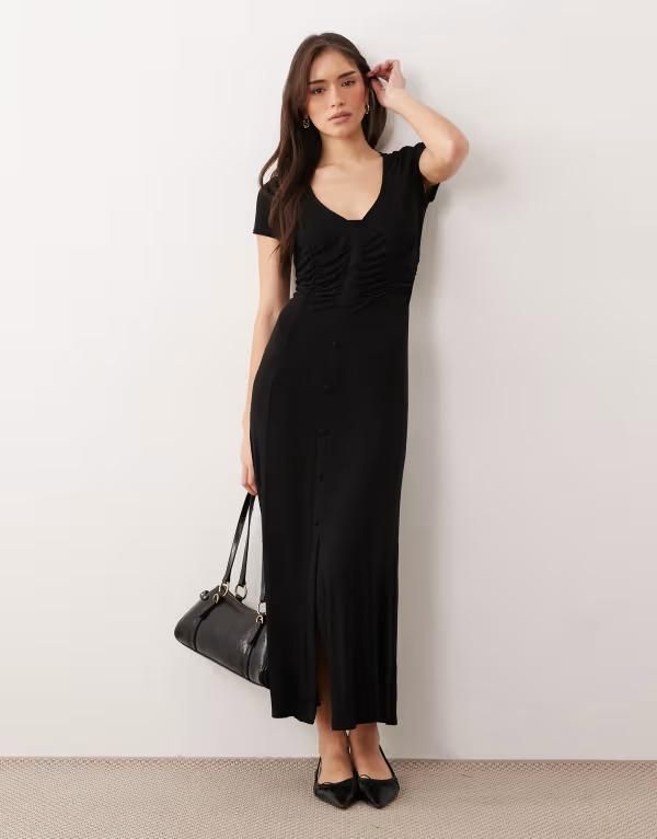 エイソス レディース トップス ワンピース ギャザー ASOS DESIGN button front ruched waist day dress Black ブラック