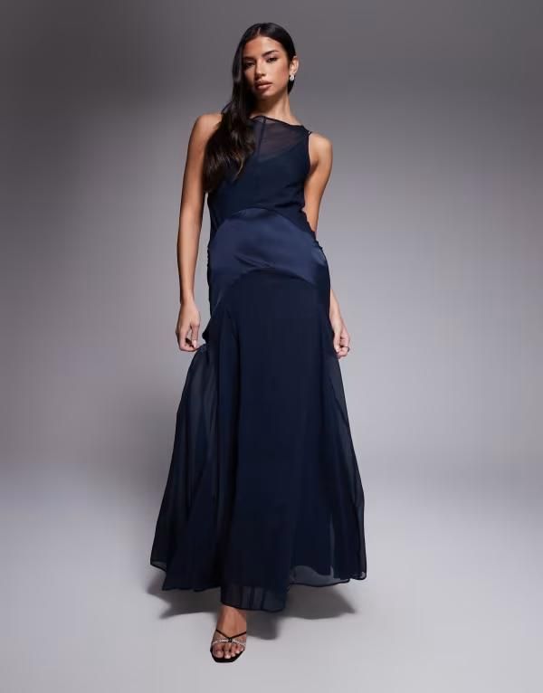 エイソス レディース トップス ワンピース サテン マキシ ASOS DESIGN satin mix dropped waist maxi dress Navy ネイビー