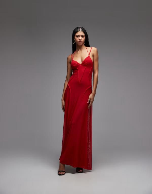 エイソス レディース トップス ワンピース メッシュ マキシ ASOS DESIGN mesh maxi dress with exposed seam detail Red レッド