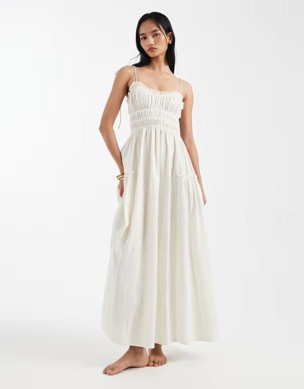 エイソス レディース トップス ワンピース マキシ ASOS DESIGN Faith shirred beach maxi sundress in cream クリーム