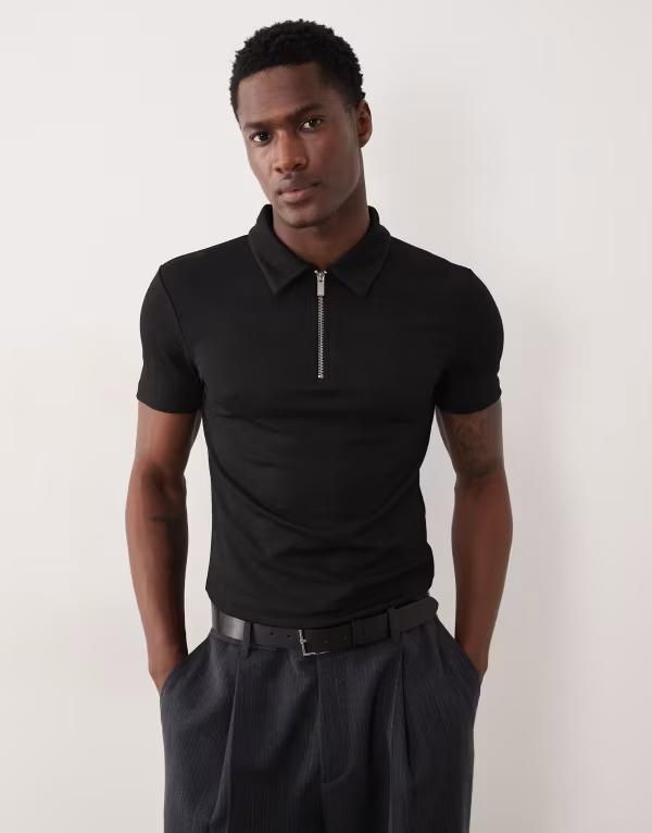 エイソス メンズ トップス ポロシャツ ASOS DESIGN heavyweight muscle polo in textured Black ブラック