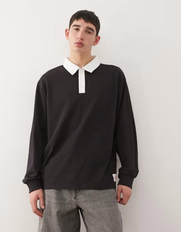 コルージョン メンズ トップス Tシャツ ポロシャツ COLLUSION Polong sleeve rugby tshirt Black ブラック