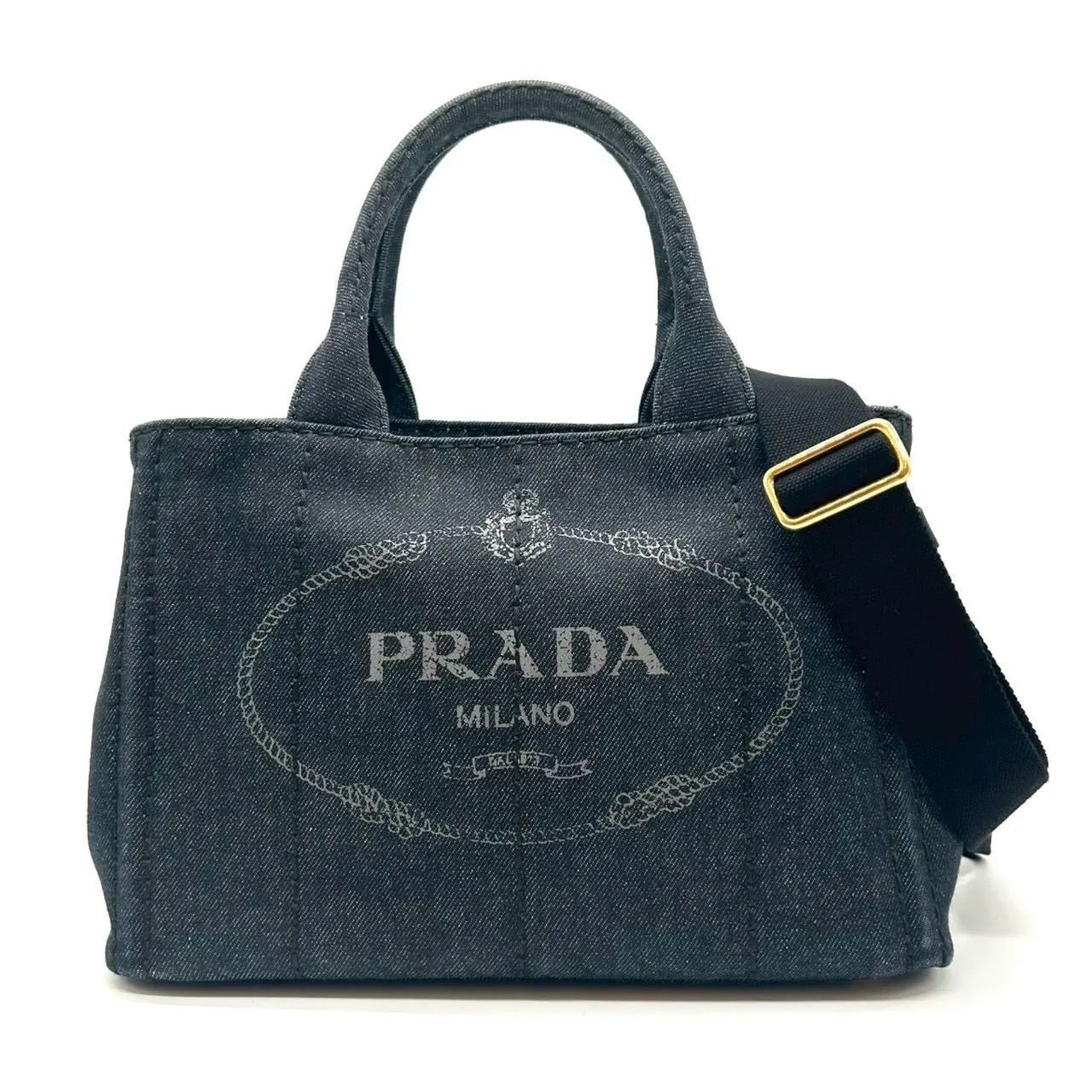 PRADA プラダ カナパ 2WAY ハンドバッグ デニム ロゴ ブラック トライアングルプレート ゴールド金具 ショルダーバッグ レディース 鞄 ギフト プレゼント
