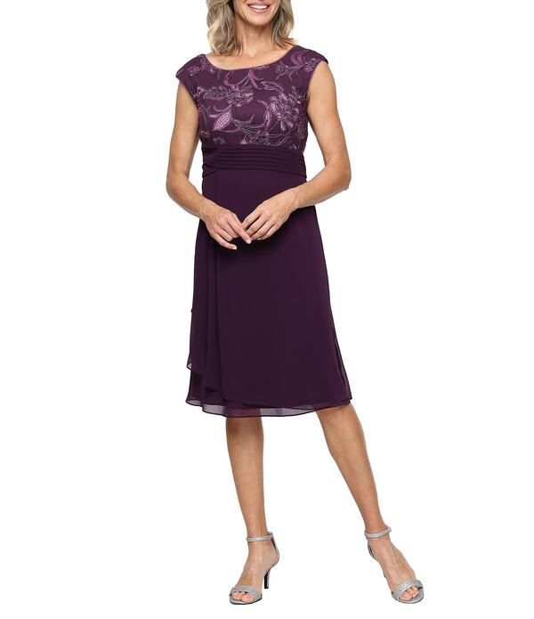 アレックスイブニングス レディース トップス ワンピース シフォン A ライン 刺繍 Alex Evenings Embroidered Bodice Chiffon ALine Dress Plum