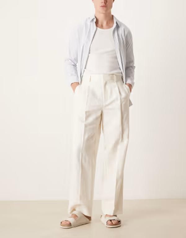 エイソス メンズ ボトムス カジュアルパンツ ワイドレッグ プリーツ リネン ASOS DESIGN smart pleated linen rich wide leg pants WHITE ホワイ