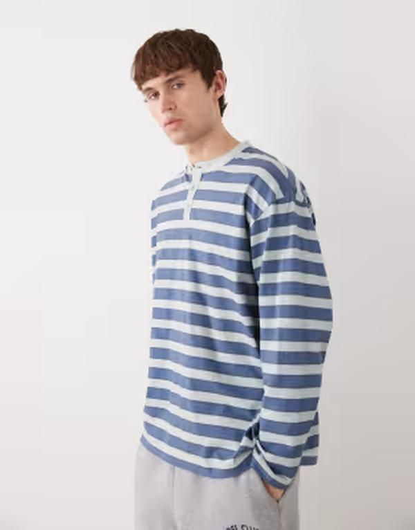 リクレイム ヴィンテージ メンズ トップス Tシャツ Reclaimed Vintage long sleeve henley top stripe Blue stripe ブルー