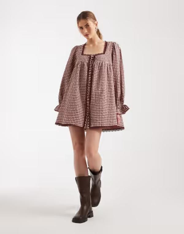 エイソス レディース トップス ワンピース レーストリム ミニ レース ASOS DESIGN babydollace trimini dress brushed plaid Pink Brushed