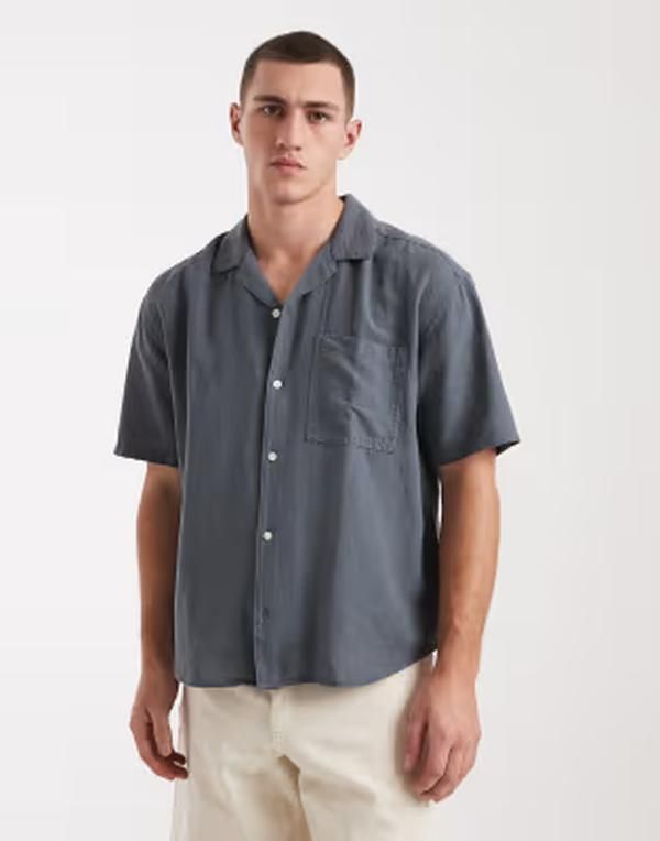 オンリーアンドサンズ メンズ トップス シャツ リネン ONLY SONS linen mix relaxed resort shirt Stormy weather グレー