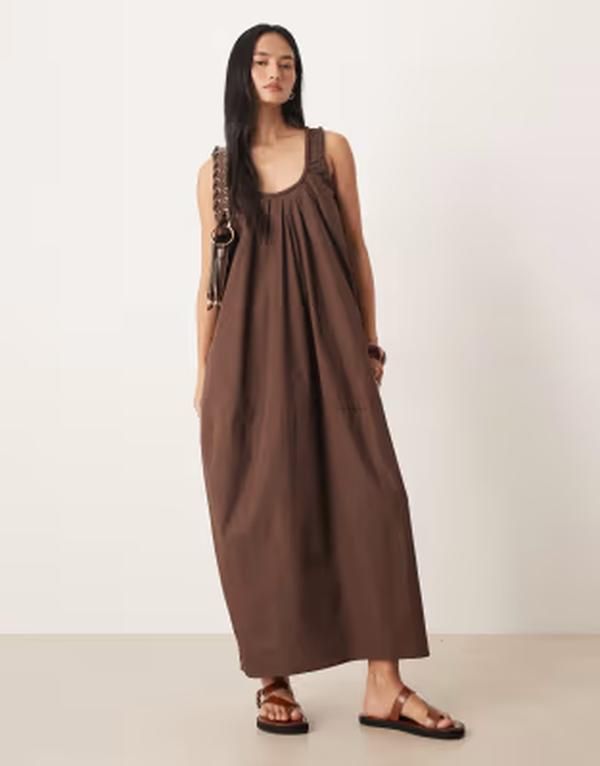 エイソス レディース トップス ワンピース ギャザー マキシ ASOS DESIGN poplin ruched scoop neck and back maxi sundress in chocol