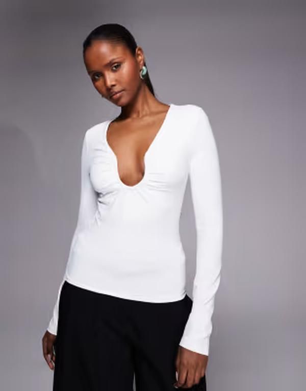 エイソス レディース トップス シャツ ASOS DESIGN polyamide long sleeve Utrim scooped neck top Cream クリーム