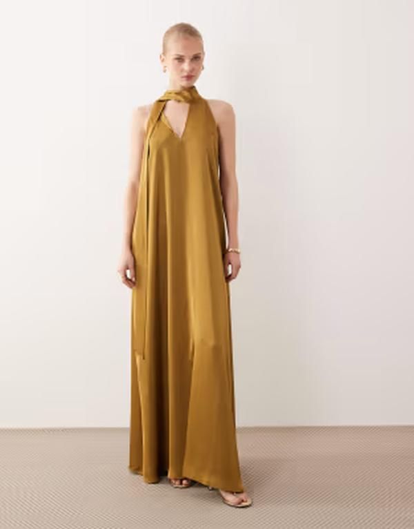 ヴィラ レディース トップス ワンピース サテン マキシ VILA scarf neck satin maxi dress in olive Tapenade グリーン
