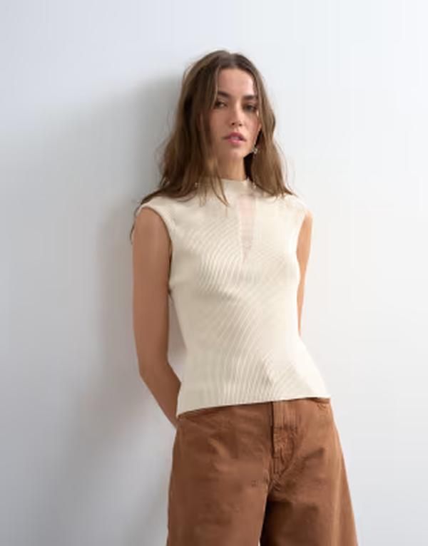 トップショップ レディース トップス ポロシャツ シアー キャップ ニット Topshop knit sheer mix cap sleeve top Ivory アイボリー