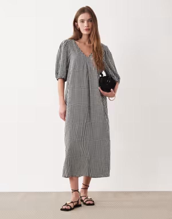ジェイディーワイ レディース トップス ワンピース Vネック ギンガムチェック ミディ ギンガム JDY v neck puff sleeve midi dress gingham Black ブラッ