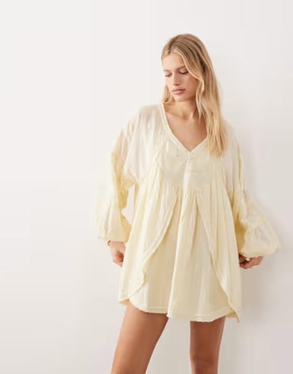 エイソス レディース トップス ワンピース Vネック ミニ ASOS DESIGN v neck laundered smock mini dress in washed lemon Washed L