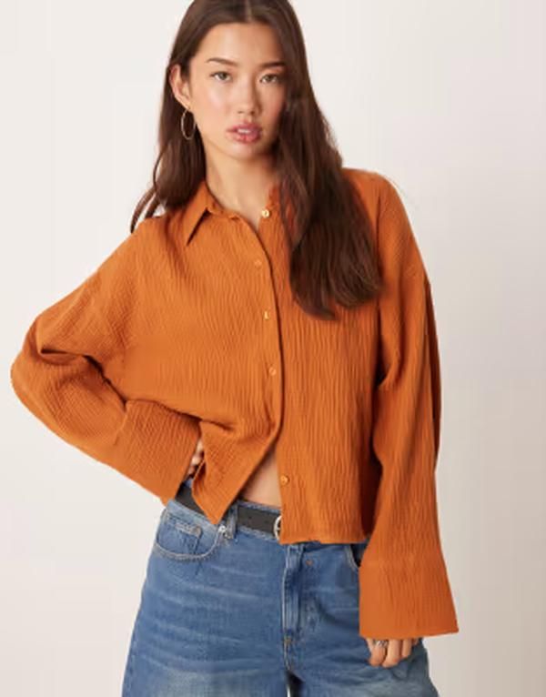 エイソス レディース トップス シャツ コットン クロップド ASOS DESIGN cropped textured cotton blend shirt in rust brown ブラウン