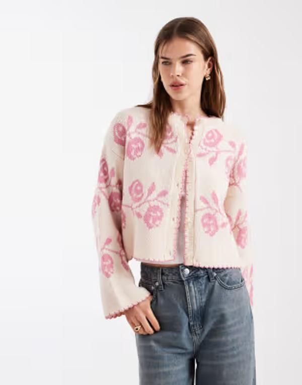 ミスセルフフリッジ レディース アウター カーディガン フラワー Misselfridge blanket stitch cardigan with florals PINK ピンク