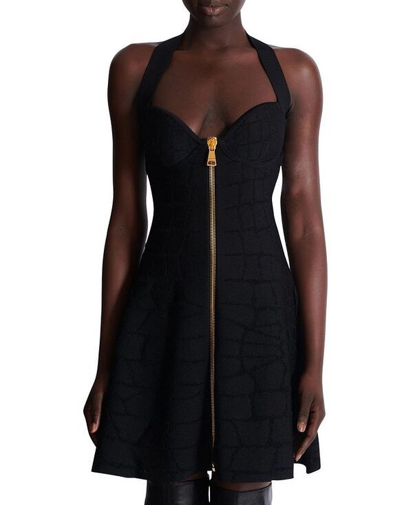 バルマン レディース トップス ワンピース ニット ホルター Balmain Flared Halterneck Dress in Crocodile Knit Black ブラック