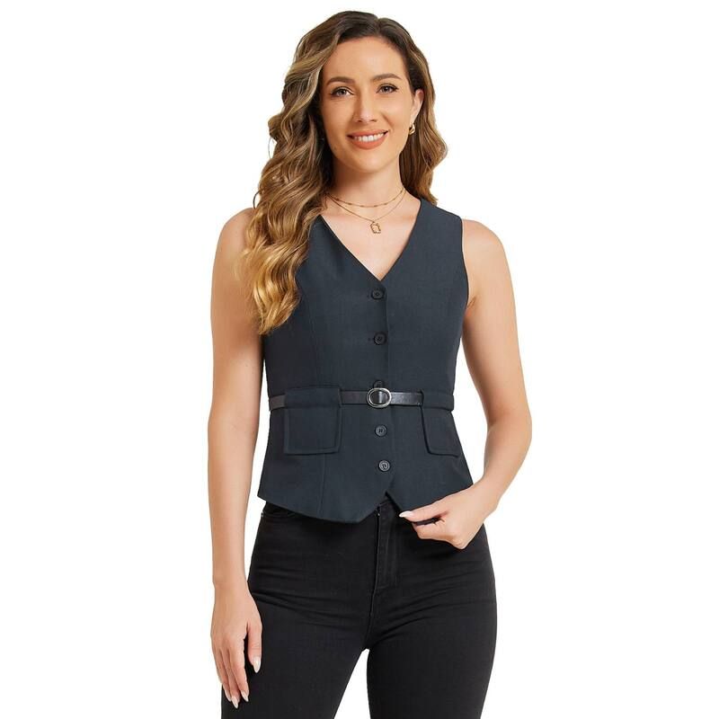 アレグラ ケー レディース アウター ジャケット・ブルゾン Vネック ベスト ALLEGRA K Button Front Closure Vest For Women V Neck Belted P