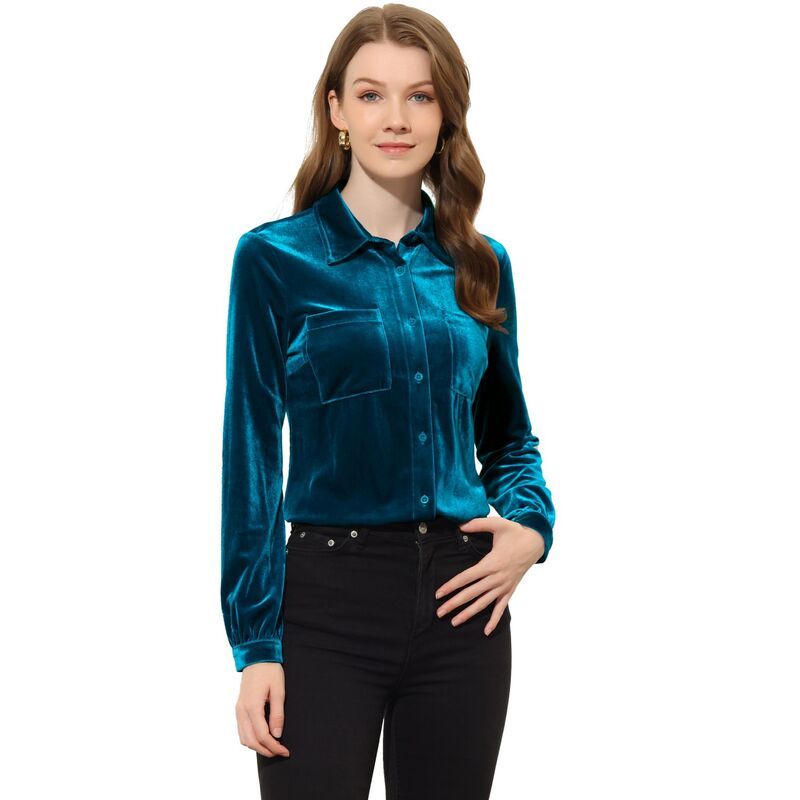 アレグラ ケー レディース トップス シャツ ボタンダウン ベルベット ダウン ALLEGRA K Womens Office Pocket Front Long Sleeve Button Down