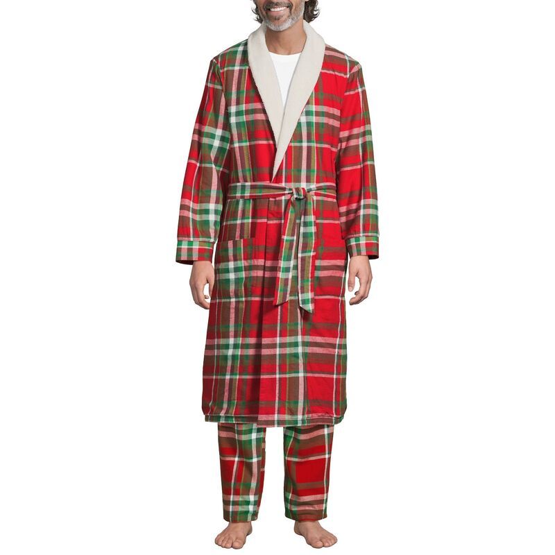 ランズエンド レディース アンダーウェア ナイトウェア Mens Lands End SherpaLined Flannel Robe Red Emerald Plaid レッド